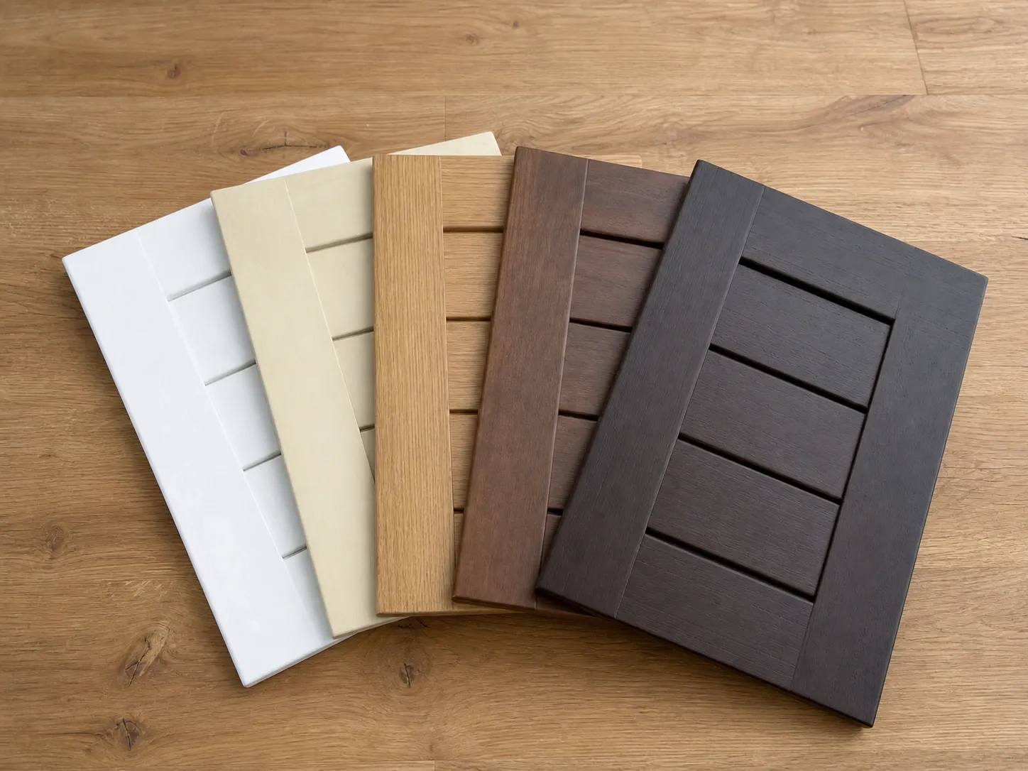 Basswood shutter finish samples in painted and stained wood tones