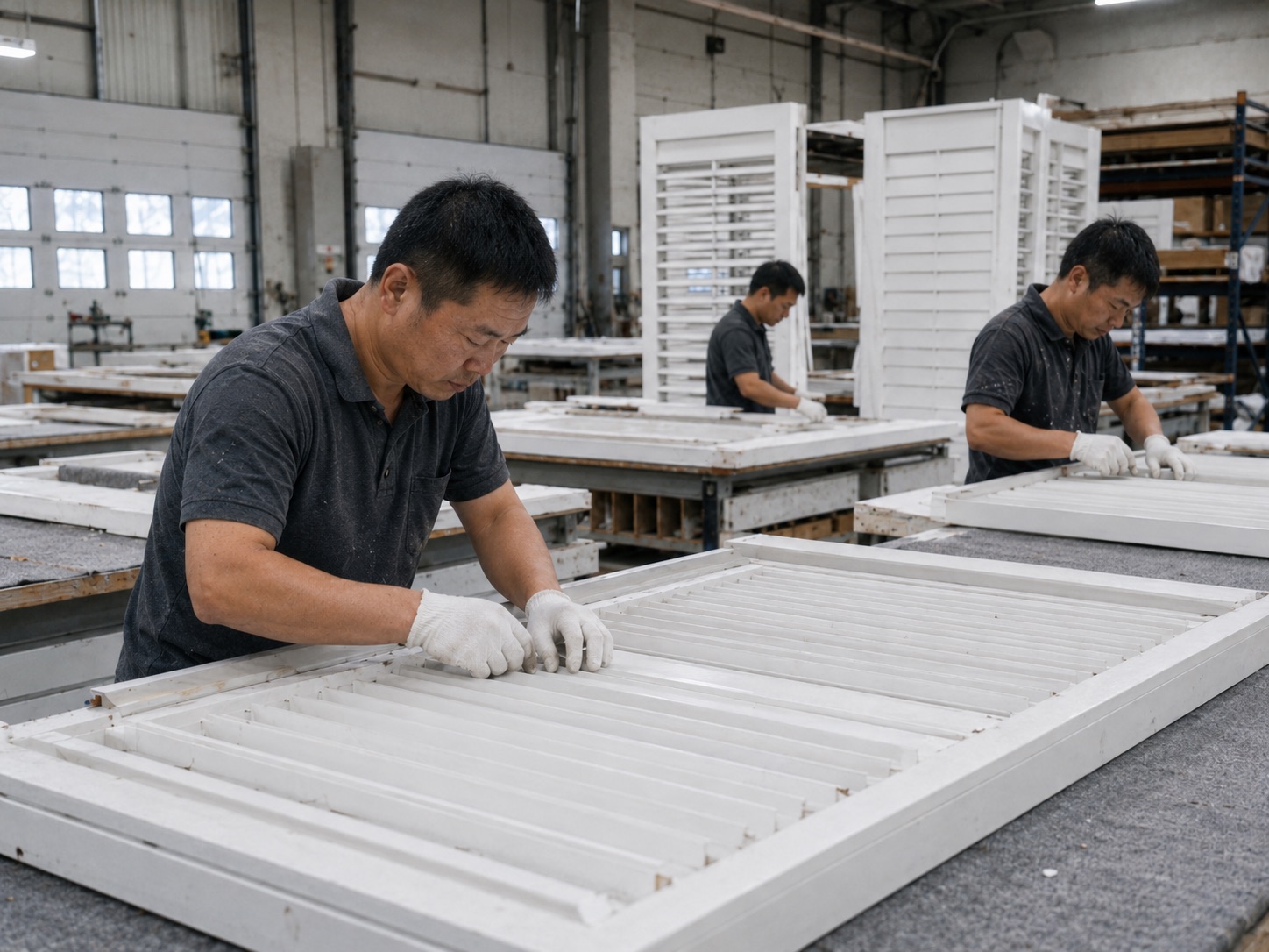 Workers assembling shutter frames and louvers in the factory