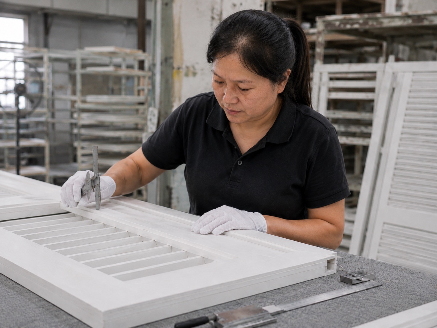 Worker checking shutter alignment and dimensions during inspection